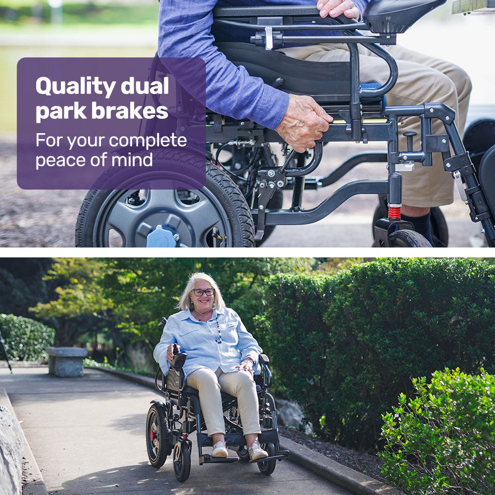 Equipmed Electric Folding Wheelchair, Wide Bariatric Chair Seat, Comfortable for S-XL, Long Range, Lithium Battery, Black/Grey