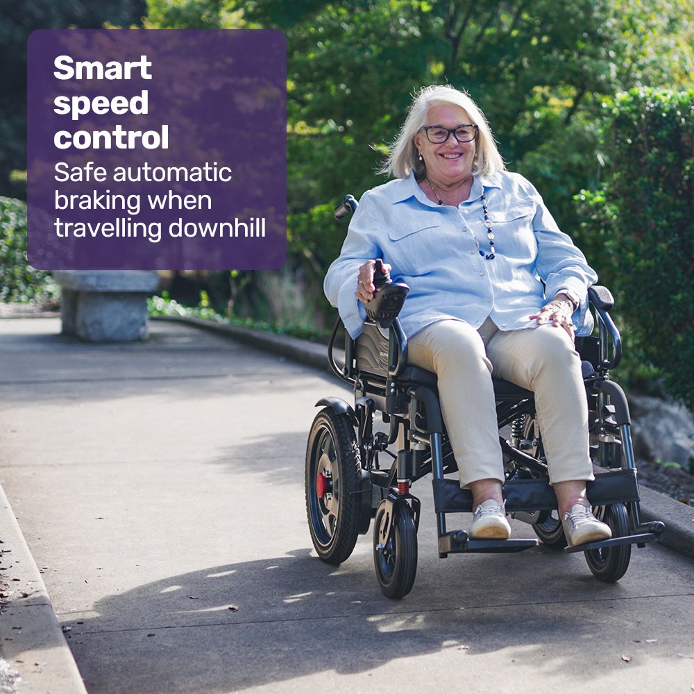 Equipmed Electric Folding Wheelchair, Wide Bariatric Chair Seat, Comfortable for S-XL, Long Range, Lithium Battery, Black/Grey