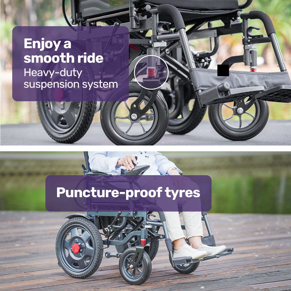 Equipmed Electric Folding Wheelchair, Wide Bariatric Chair Seat, Comfortable for S-XL, Long Range, Lithium Battery, Black/Grey