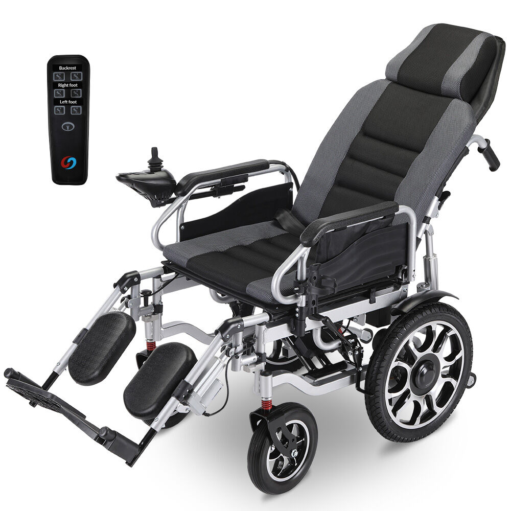 EQUIPMED Power Electric Wheelchair, Long Range, Auto Recline, Lithium Battery, 16 Rear Wheels, Headrest, Folding, Grey/Black