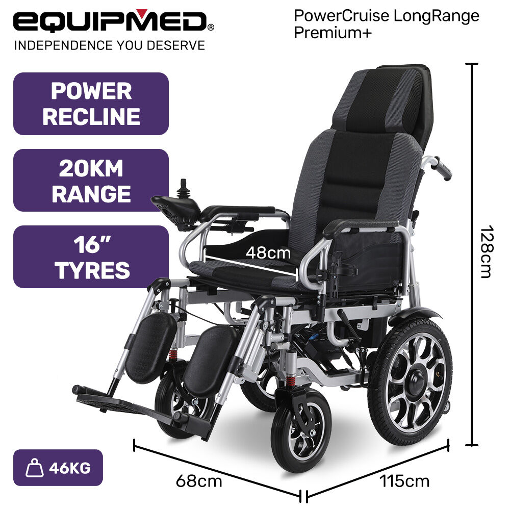 EQUIPMED Power Electric Wheelchair, Long Range, Auto Recline, Lithium Battery, 16 Rear Wheels, Headrest, Folding, Grey/Black
