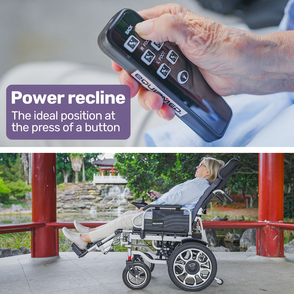 EQUIPMED Power Electric Wheelchair, Long Range, Auto Recline, Lithium Battery, 16 Rear Wheels, Headrest, Folding, Grey/Black