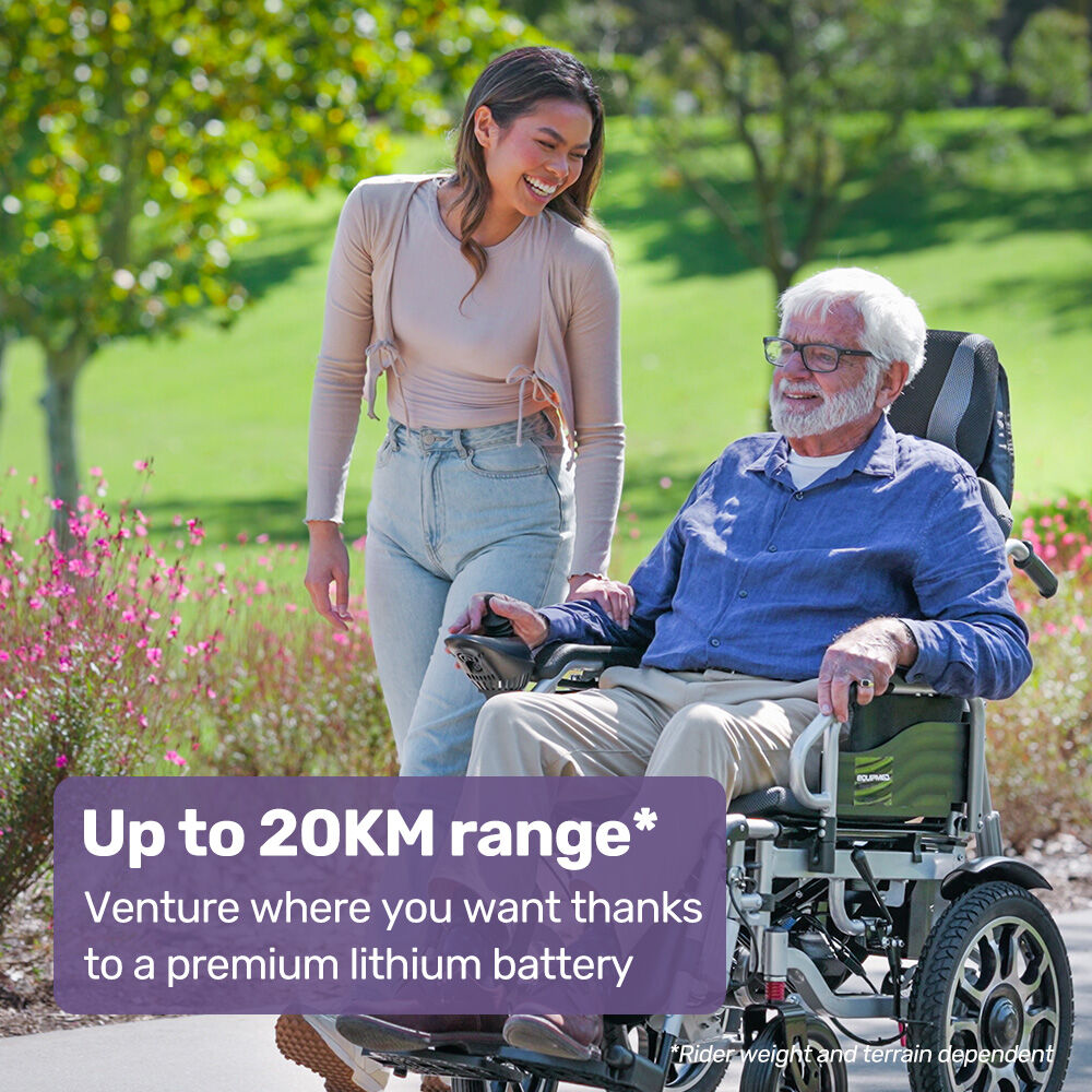 EQUIPMED Power Electric Wheelchair, Long Range, Auto Recline, Lithium Battery, 16 Rear Wheels, Headrest, Folding, Grey/Black