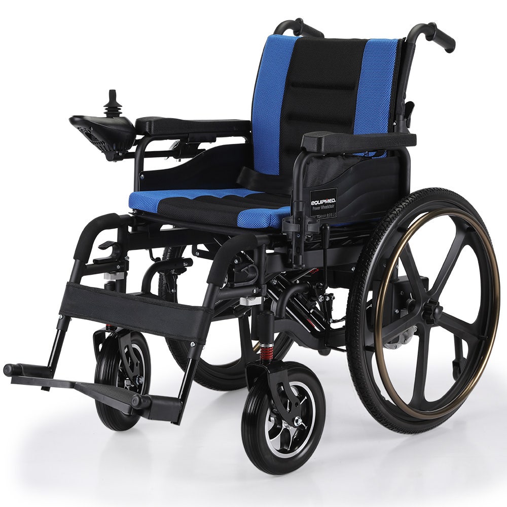 EQUIPMED Electric Wheelchair Folding, Long Range, Airline Approved, Lithium Battery, 24' Light Rear Wheels, Matte Black/Blue