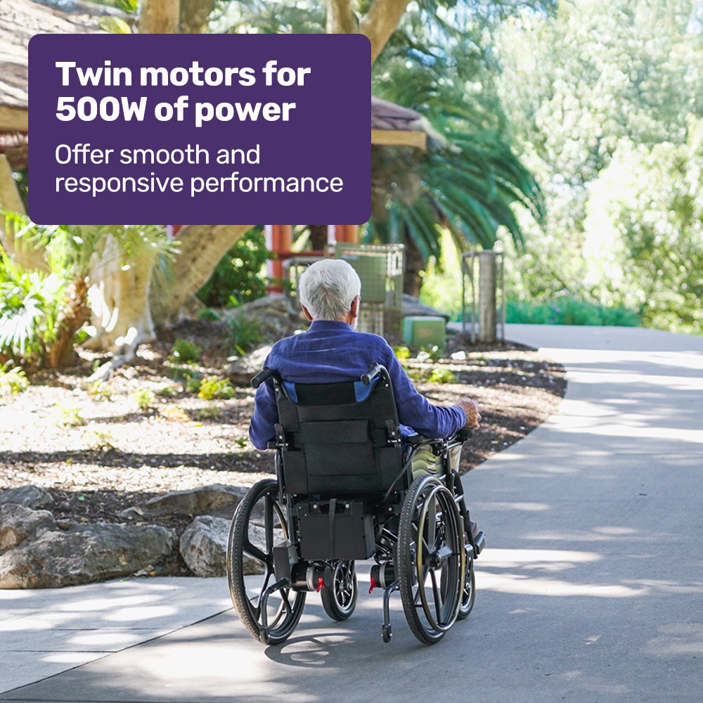 EQUIPMED Electric Wheelchair Folding, Long Range, Airline Approved, Lithium Battery, 24' Light Rear Wheels, Matte Black/Blue