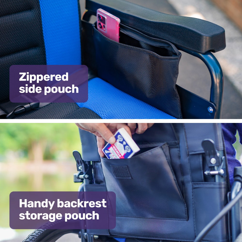 EQUIPMED Electric Wheelchair Folding, Long Range, Airline Approved, Lithium Battery, 24' Light Rear Wheels, Matte Black/Blue