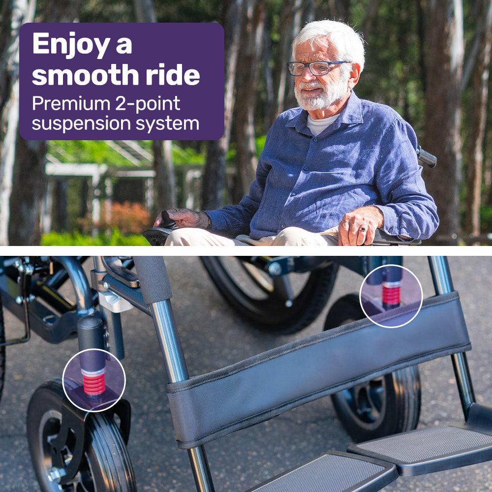 EQUIPMED Electric Wheelchair Folding, Long Range, Airline Approved, Lithium Battery, 24' Light Rear Wheels, Matte Black/Blue