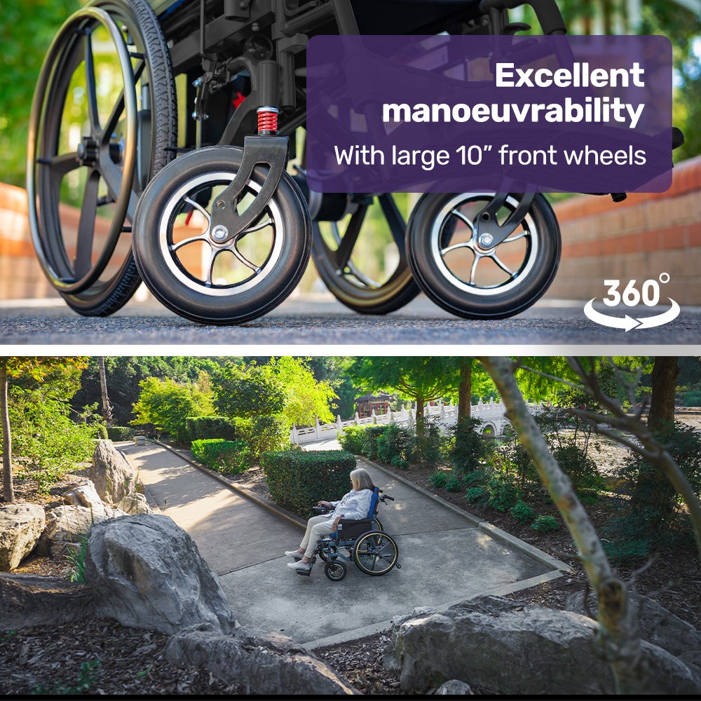 EQUIPMED Electric Wheelchair Folding, Long Range, Airline Approved, Lithium Battery, 24' Light Rear Wheels, Matte Black/Blue