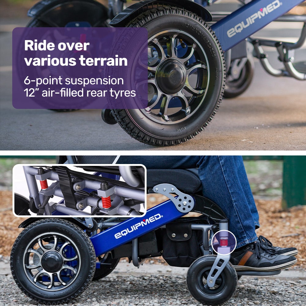 EQUIPMED Power Electric Wheelchair, Long Range, Airline Approved, Folding, Aluminium Frame, Lithium Battery, Blue