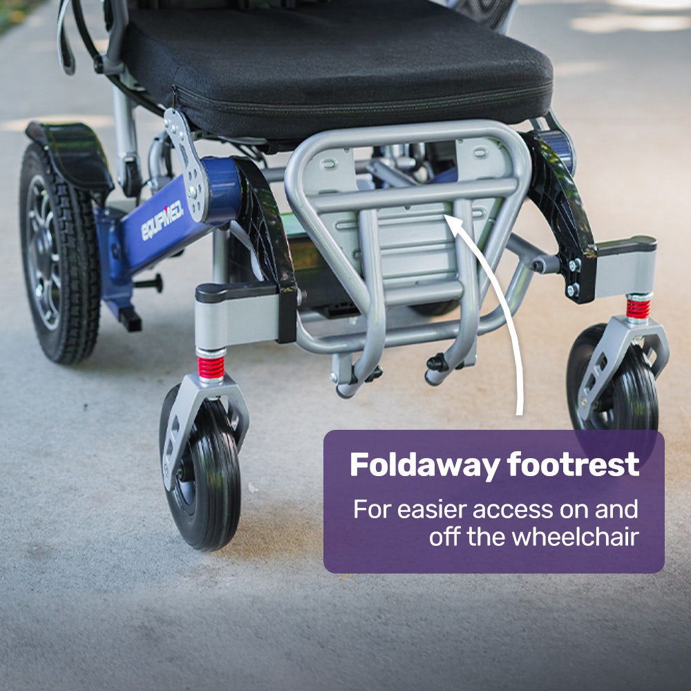 EQUIPMED Power Electric Wheelchair, Long Range, Airline Approved, Folding, Aluminium Frame, Lithium Battery, Blue
