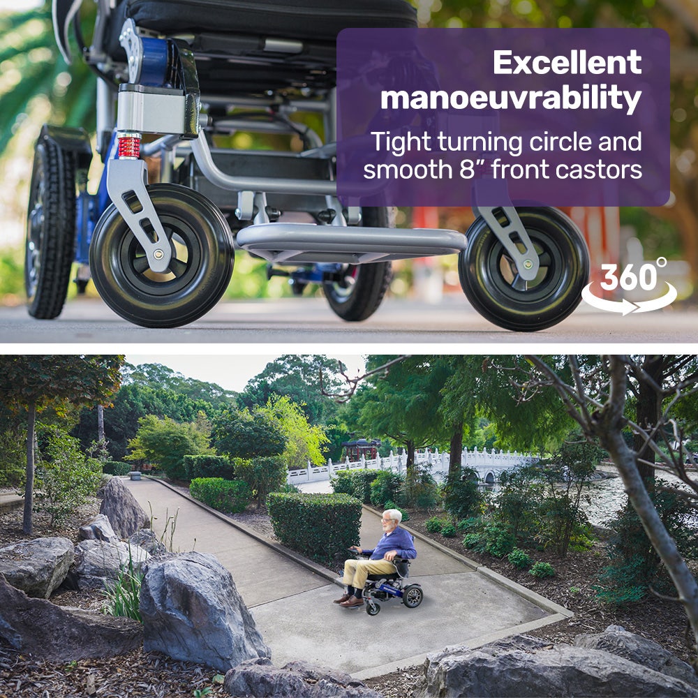 EQUIPMED Power Electric Wheelchair, Long Range, Airline Approved, Folding, Aluminium Frame, Lithium Battery, Blue