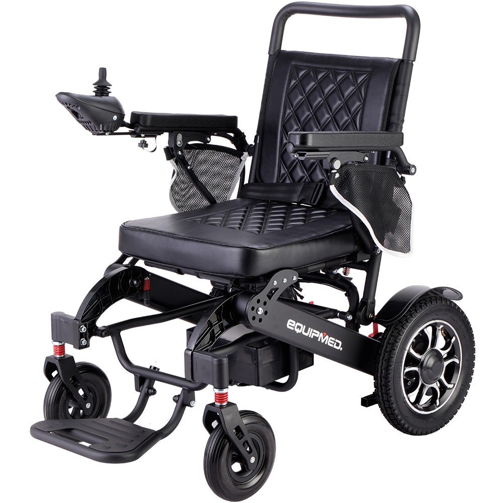 EQUIPMED Electric Folding Wheelchair, Long Range, Airline Approved, Aluminium Frame, Lithium Battery, Black