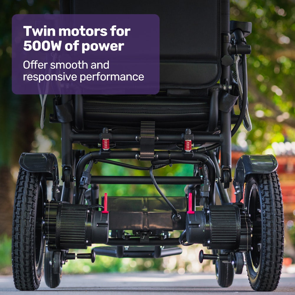 EQUIPMED Electric Folding Wheelchair, Long Range, Airline Approved, Aluminium Frame, Lithium Battery, Black