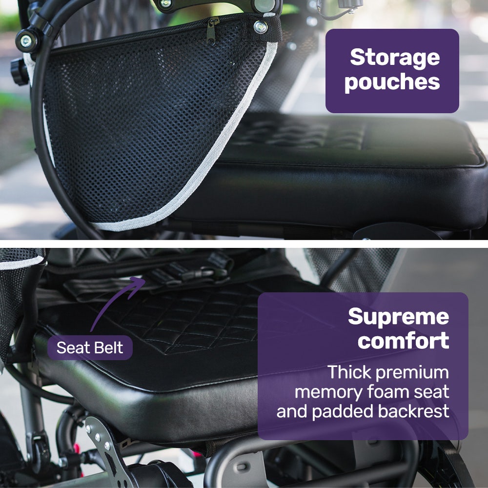 EQUIPMED Electric Folding Wheelchair, Long Range, Airline Approved, Aluminium Frame, Lithium Battery, Black