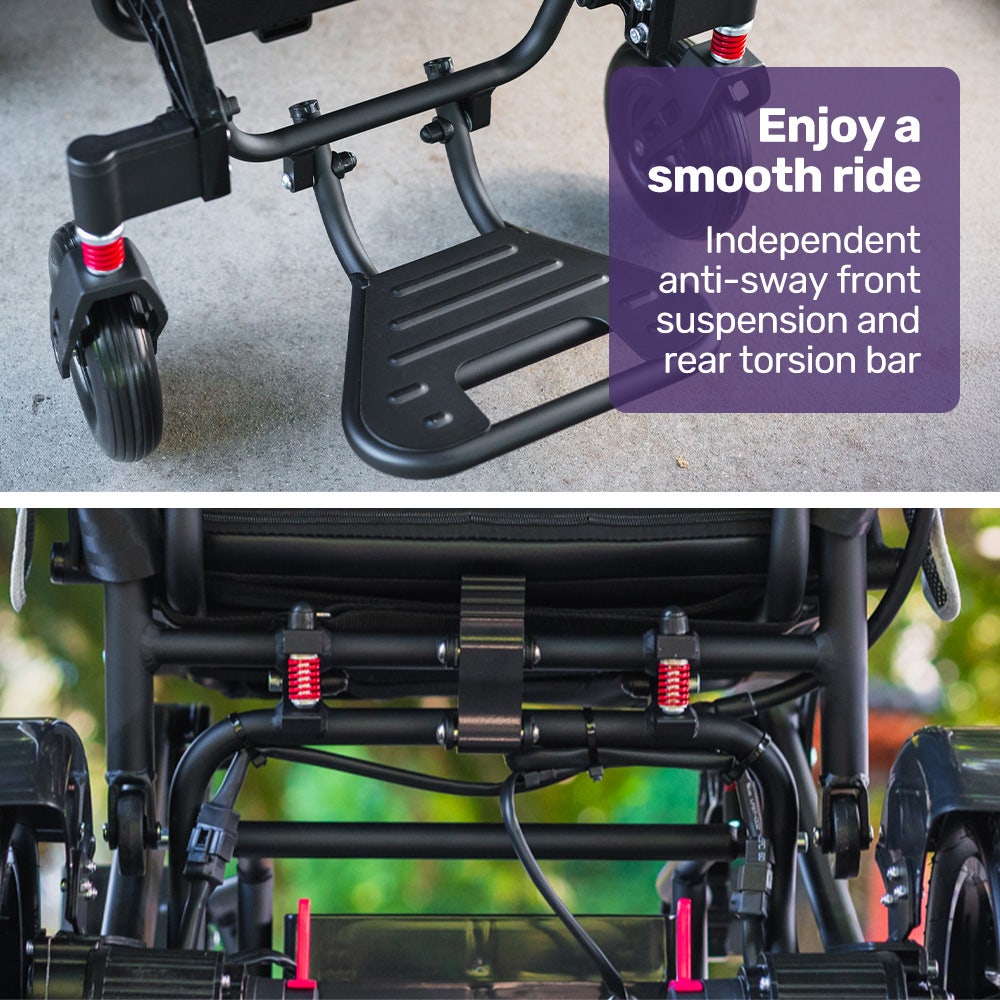 EQUIPMED Electric Folding Wheelchair, Long Range, Airline Approved, Aluminium Frame, Lithium Battery, Black