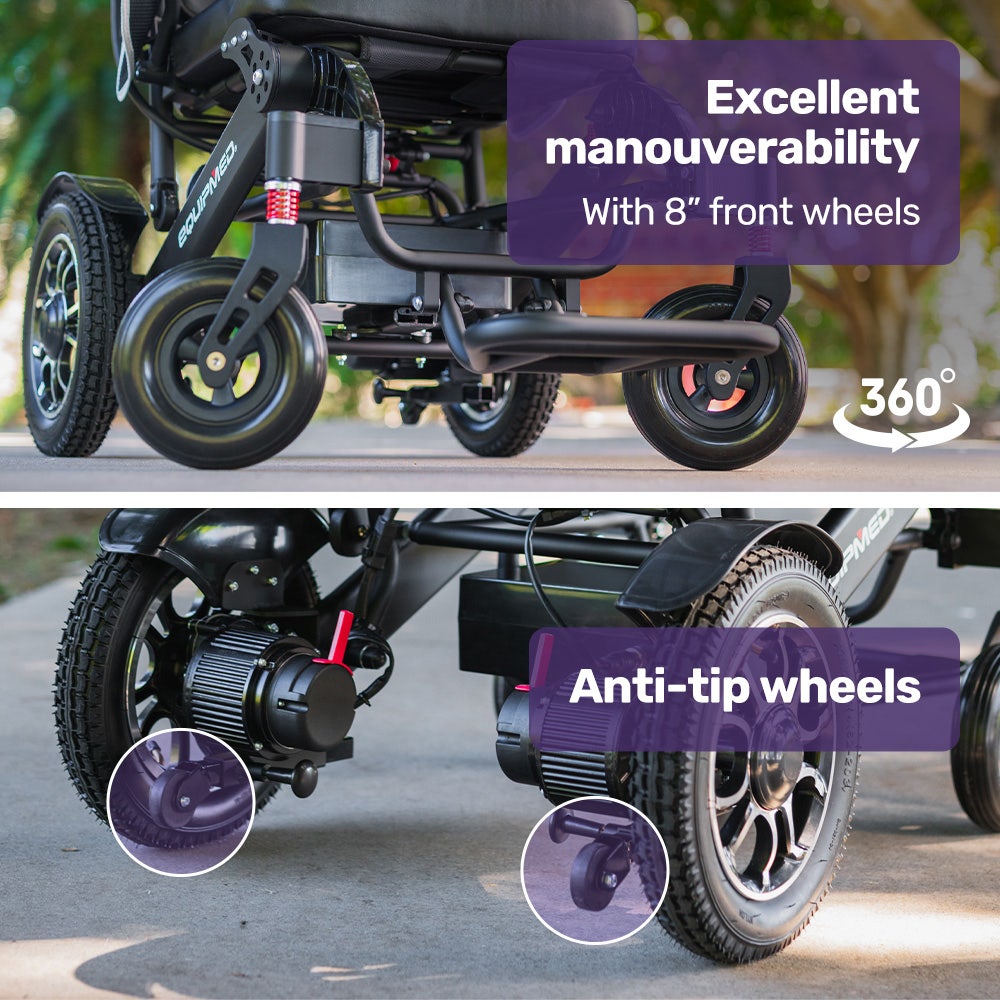 EQUIPMED Electric Folding Wheelchair, Long Range, Airline Approved, Aluminium Frame, Lithium Battery, Black