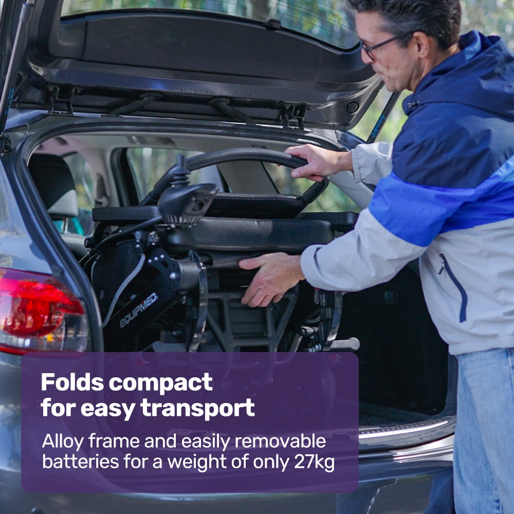 EQUIPMED Electric Folding Wheelchair, Long Range, Airline Approved, Aluminium Frame, Lithium Battery, Black