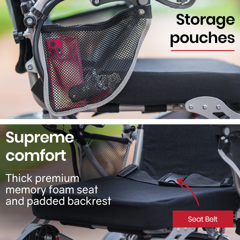 EQUIPMED Power Electric Wheelchair, Airline Approved Wheel Chair, Lightweight, Folding, Long Range, Lithium Batteries, Black & Silver