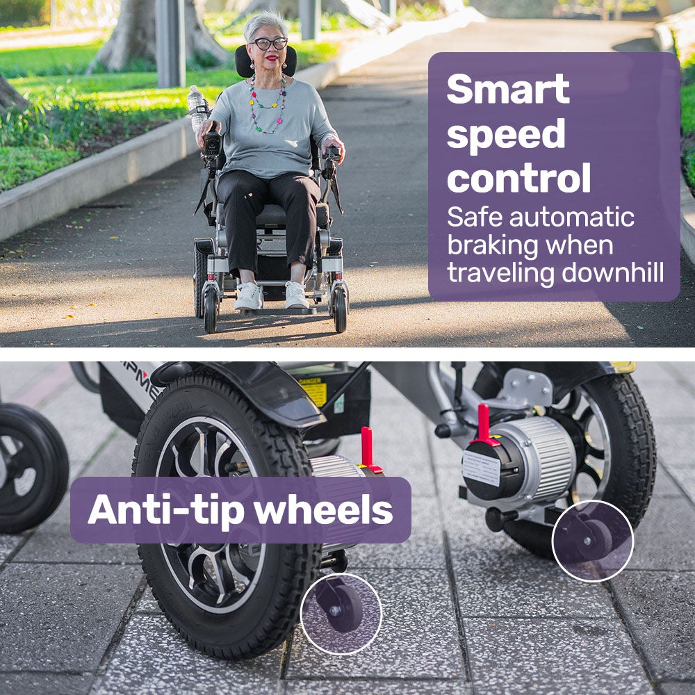 EQUIPMED Power Electric Wheelchair, Long Range, Airline Approved, Alloy, Remote Control, Lithium Battery, Black/Silver