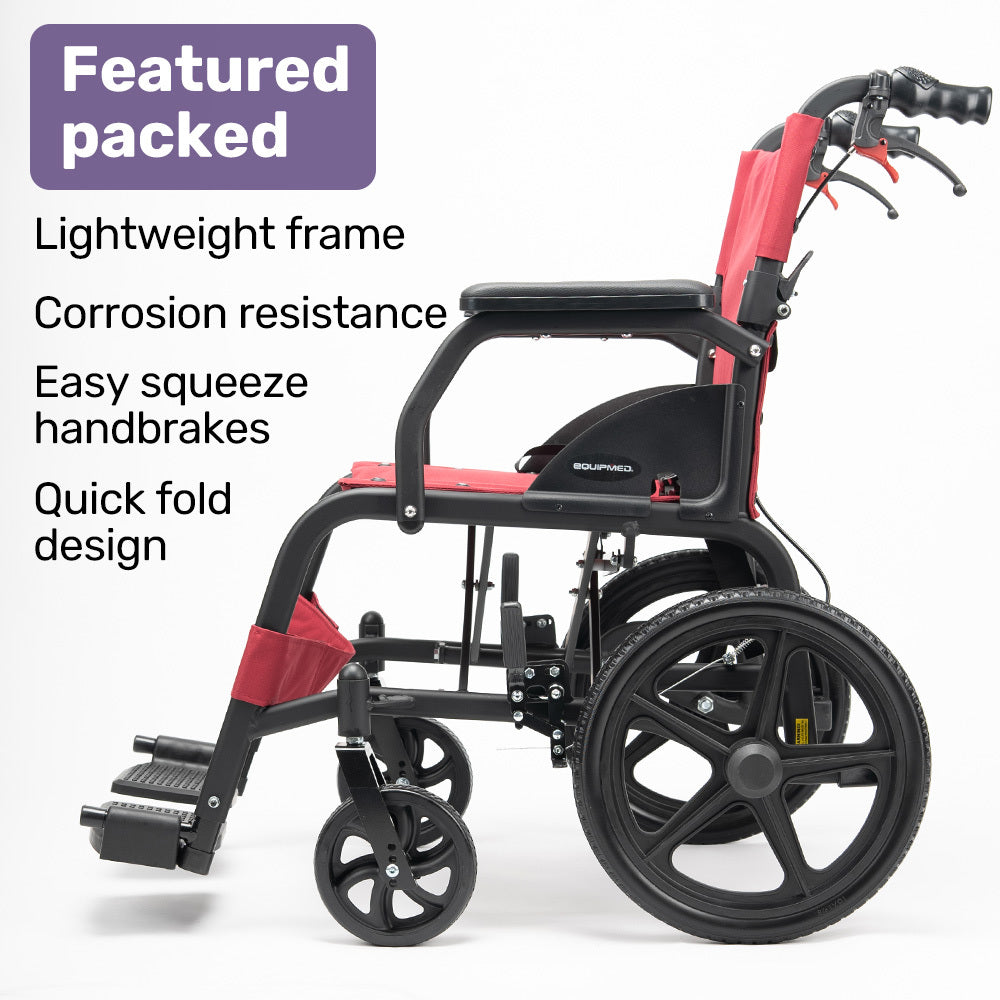 Equipmed Folding Transit Wheelchair, Lightweight Aluminium for Easy Transport, Crimson Red