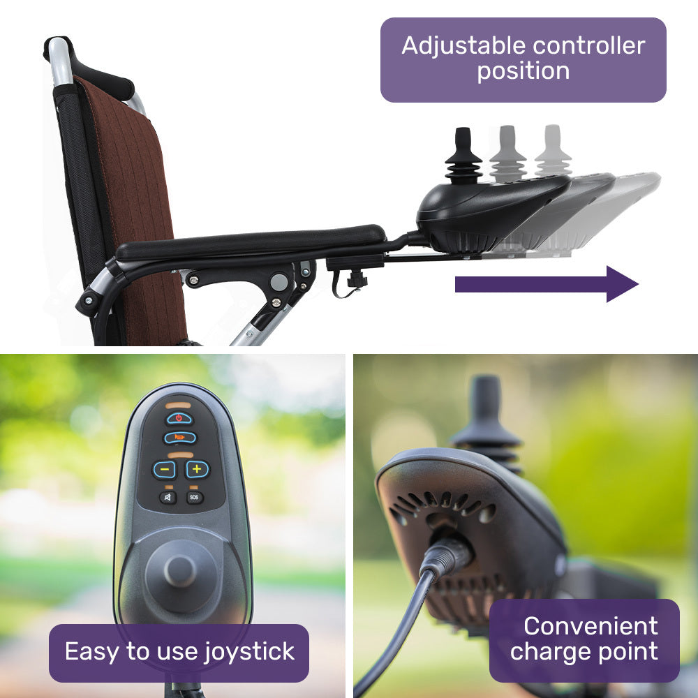 EQUIPMED Ultra-Light Power Wheelchair, Tight Turning, Airline Approved, ARTG Certified, Aluminium Frame, Lithium Battery, Brown