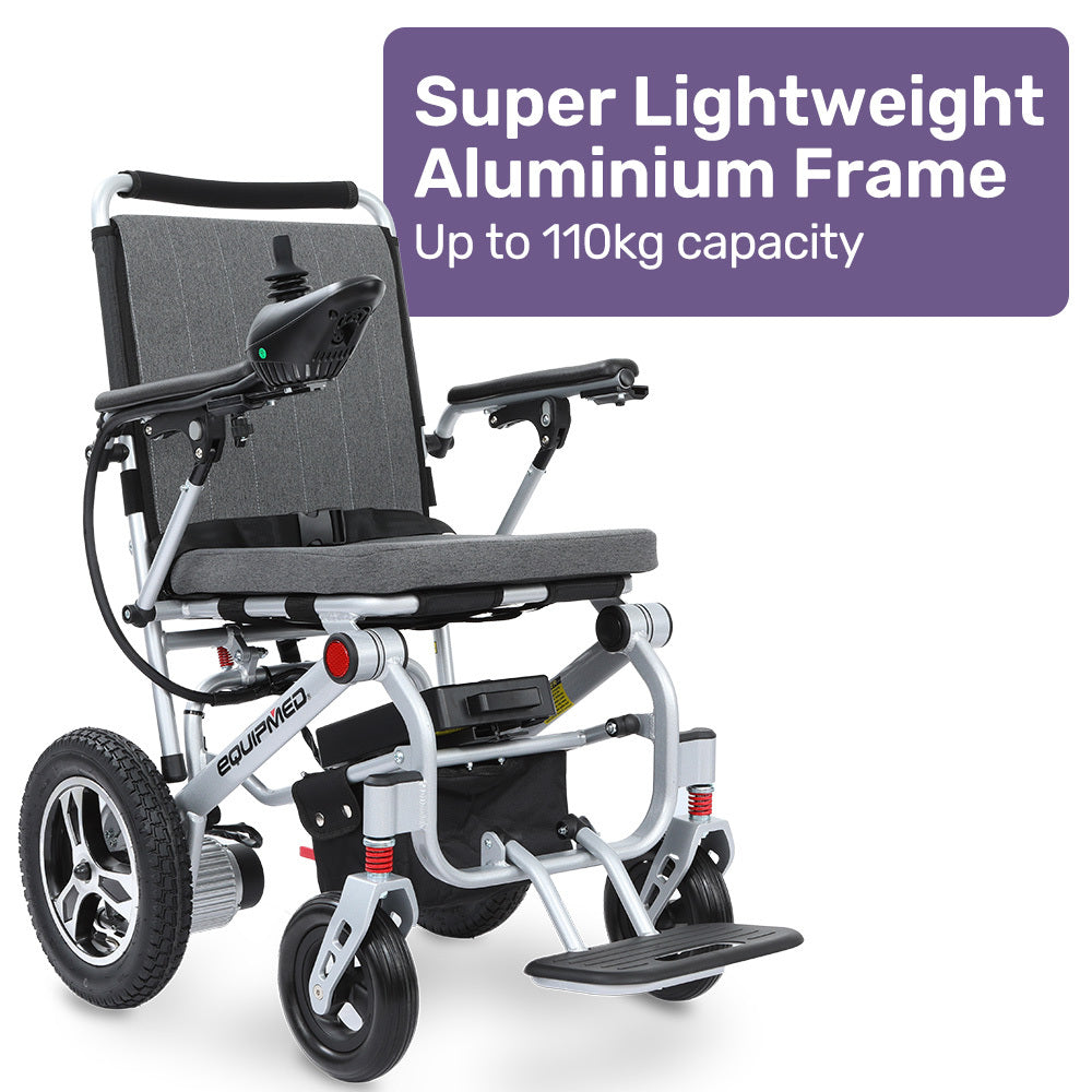 EQUIPMED Ultra-Light Power Wheelchair, Tight Turning, Airline Approved, Folding, ARTG Certified, Aluminium Frame, Lithium Battery, Grey