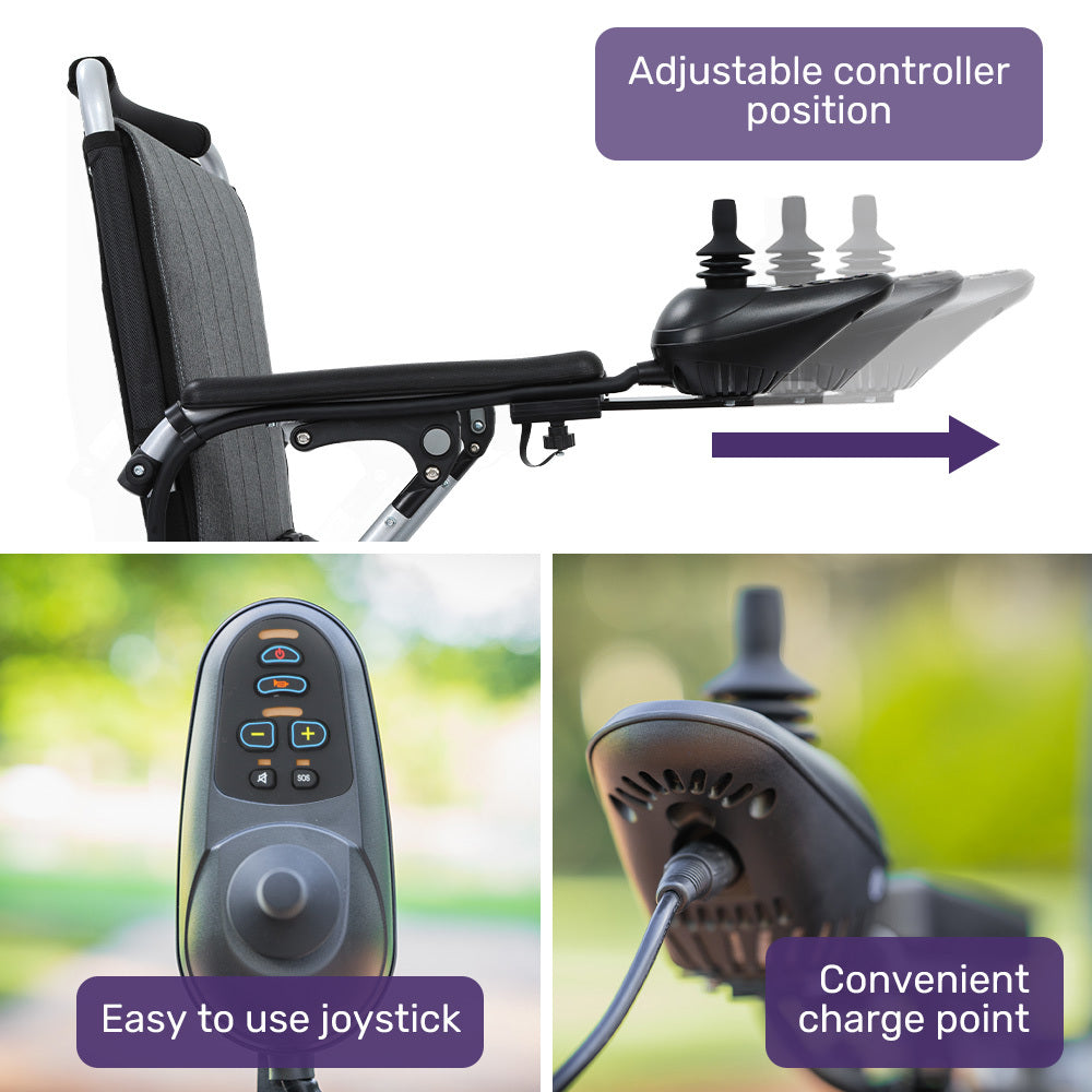 EQUIPMED Ultra-Light Power Wheelchair, Tight Turning, Airline Approved, Folding, ARTG Certified, Aluminium Frame, Lithium Battery, Grey