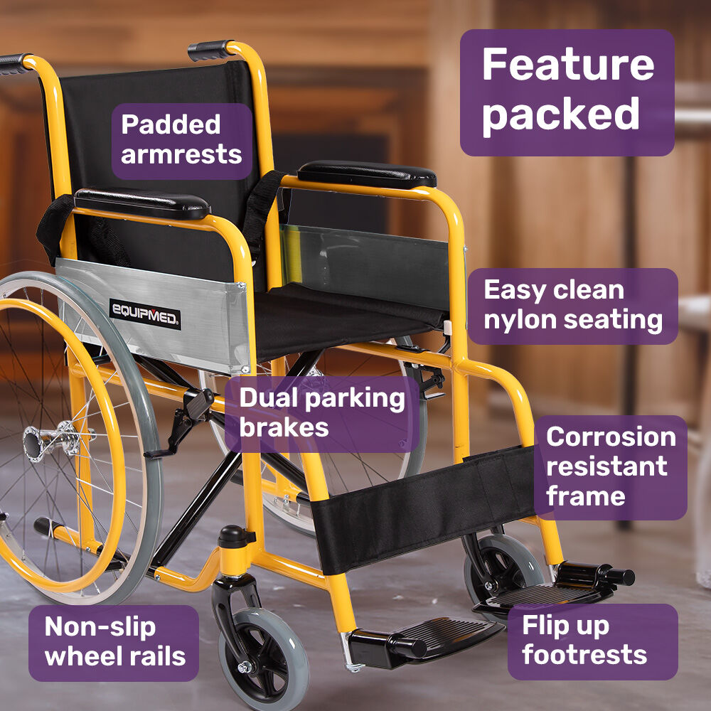 EQUIPMED Kids Paediatric Wheelchair, 100kg Rated, 110-140cm Rider Height, Quick Folding, Adjustable Footrests, 22' Wheels, Yellow