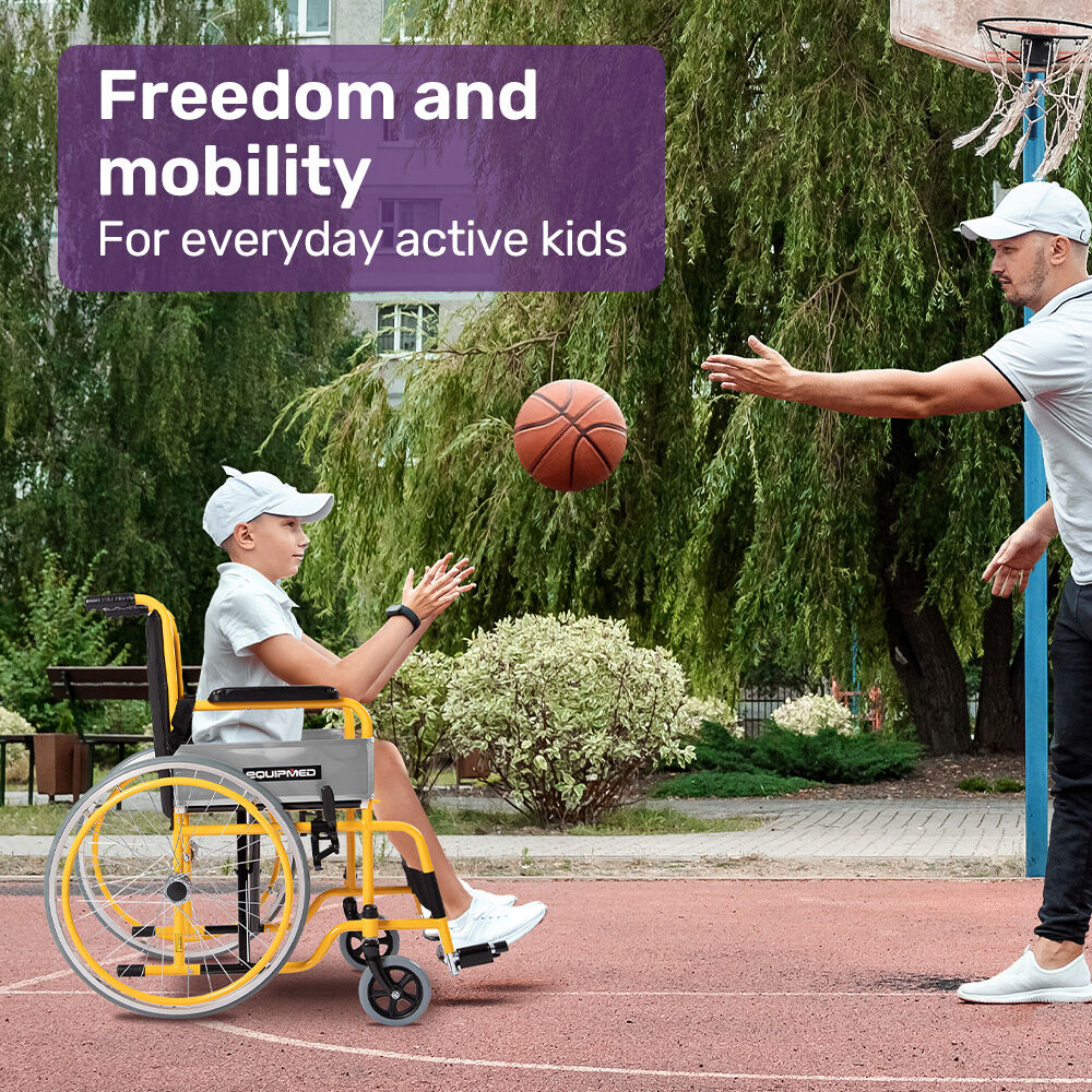 EQUIPMED Kids Paediatric Wheelchair, 100kg Rated, 110-140cm Rider Height, Quick Folding, Adjustable Footrests, 22' Wheels, Yellow