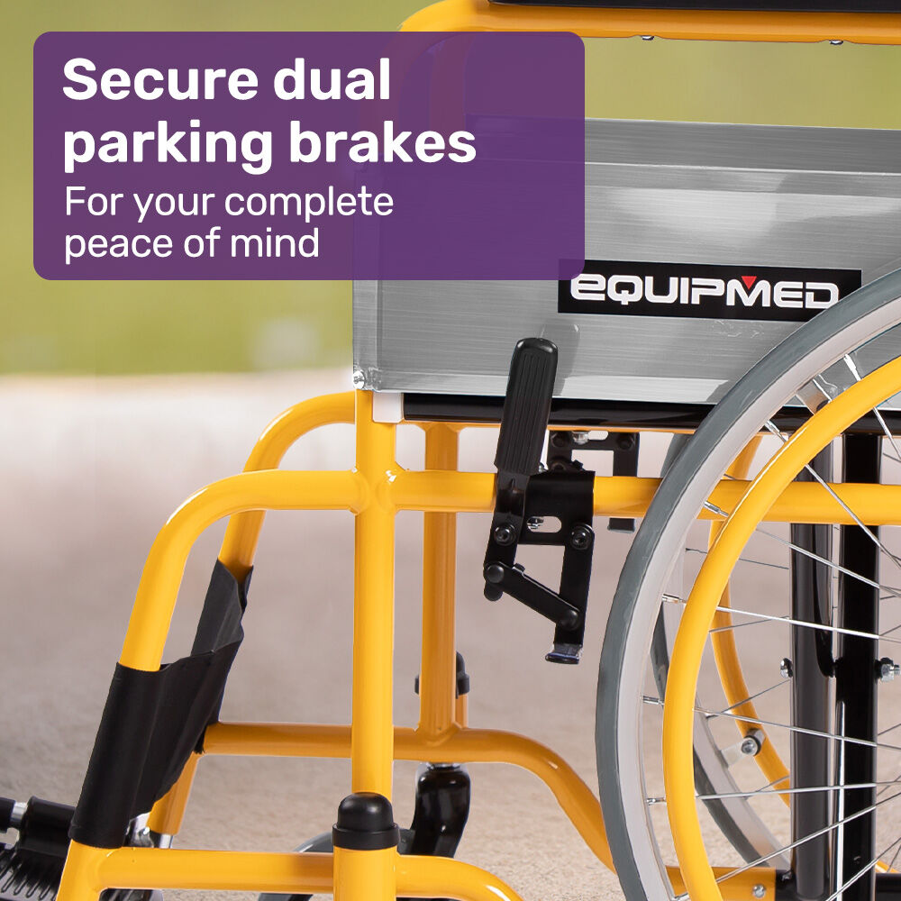 EQUIPMED Kids Paediatric Wheelchair, 100kg Rated, 110-140cm Rider Height, Quick Folding, Adjustable Footrests, 22" Wheels, Yellow