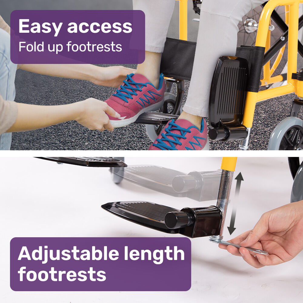 EQUIPMED Kids Paediatric Wheelchair, 100kg Rated, 110-140cm Rider Height, Quick Folding, Adjustable Footrests, 22' Wheels, Yellow