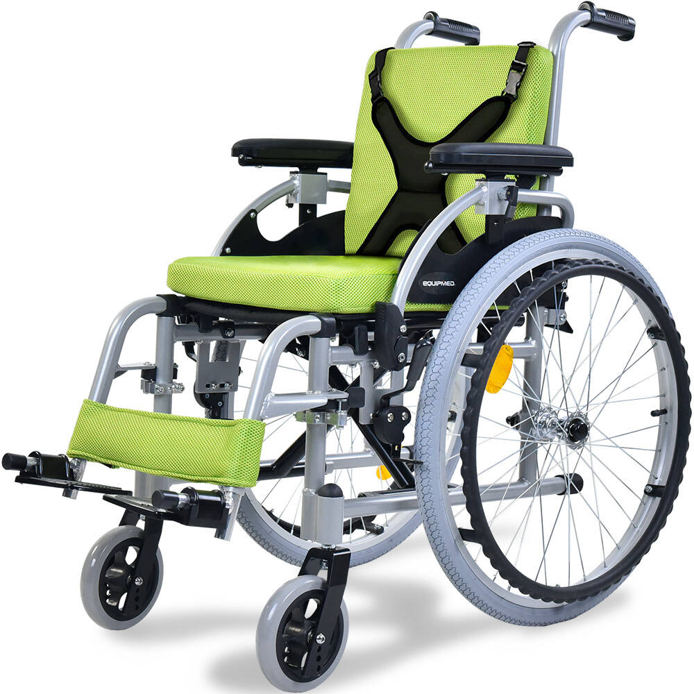 EQUIPMED Kids Premium Paediatric Wheelchair, Lightweight Aluminium, 22 Wheels, 75kg Rated, Green