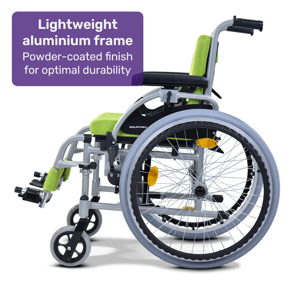 EQUIPMED Kids Premium Paediatric Wheelchair, Lightweight Aluminium, 22 Wheels, 75kg Rated, Green