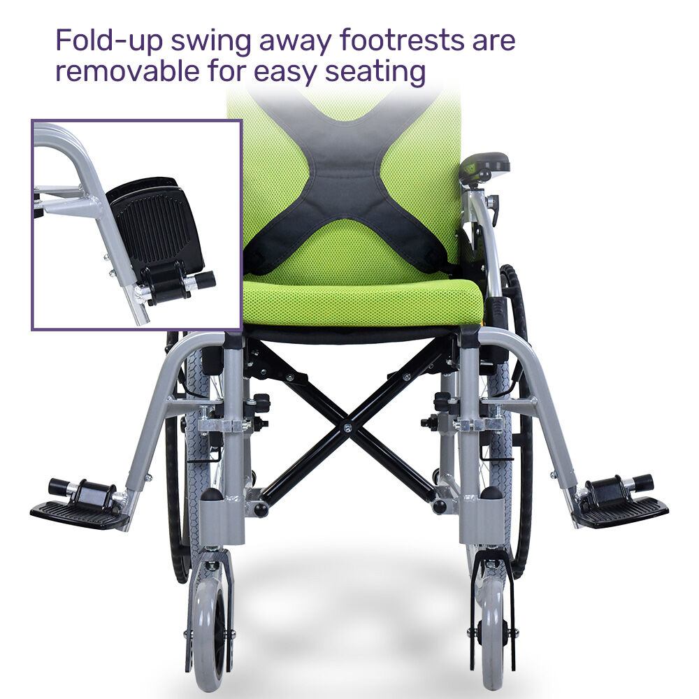 EQUIPMED Kids Premium Paediatric Wheelchair, Lightweight Aluminium, 22 Wheels, 75kg Rated, Green