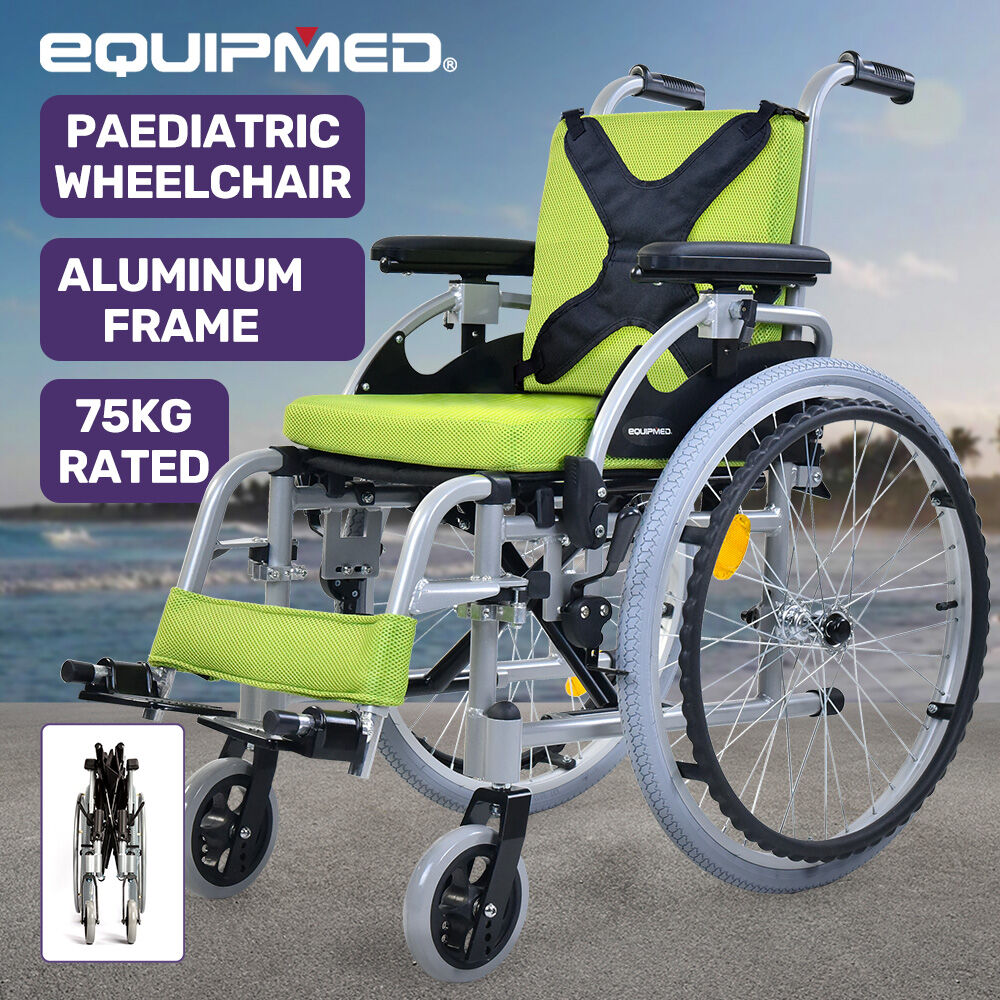 EQUIPMED Kids Premium Paediatric Wheelchair, Lightweight Aluminium, 22 Wheels, 75kg Rated, Green