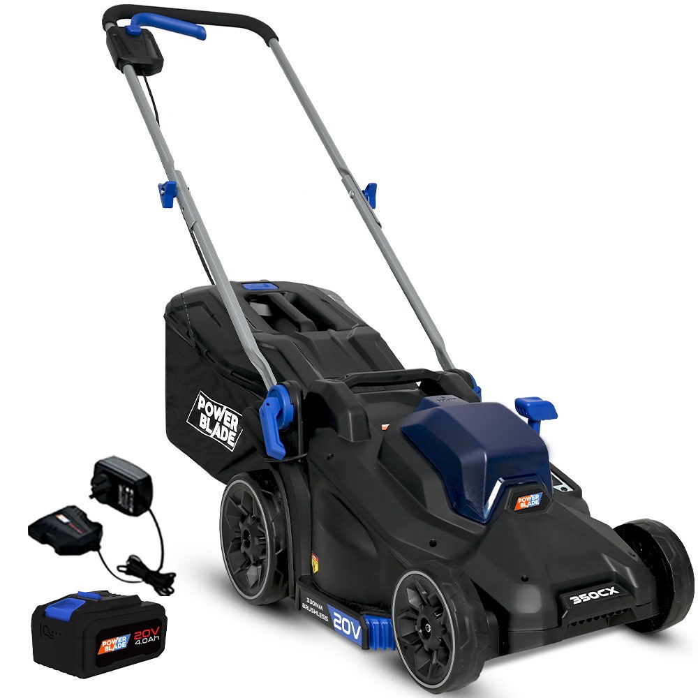 POWERBLADE 350CX 20V 13 Cordless Lawn Mower Kit, Fast Charger, 4Ah Battery, 5 Height, Brushless Electric, 330mm Cutting Path