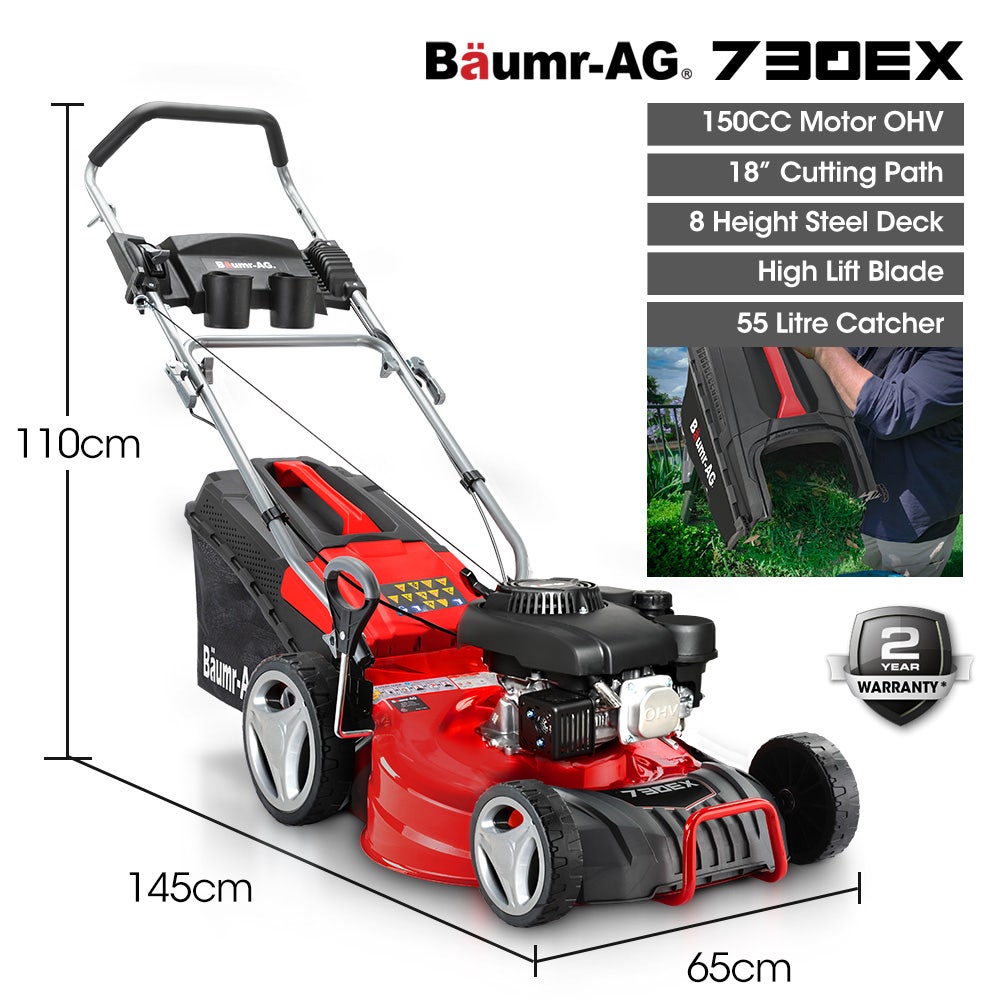 BAUMR-AG 18 150cc Lawn Mower, 8 Heights, Steel Deck, Cup Holders, 4-Stroke Petrol Lawnmower - 730EX