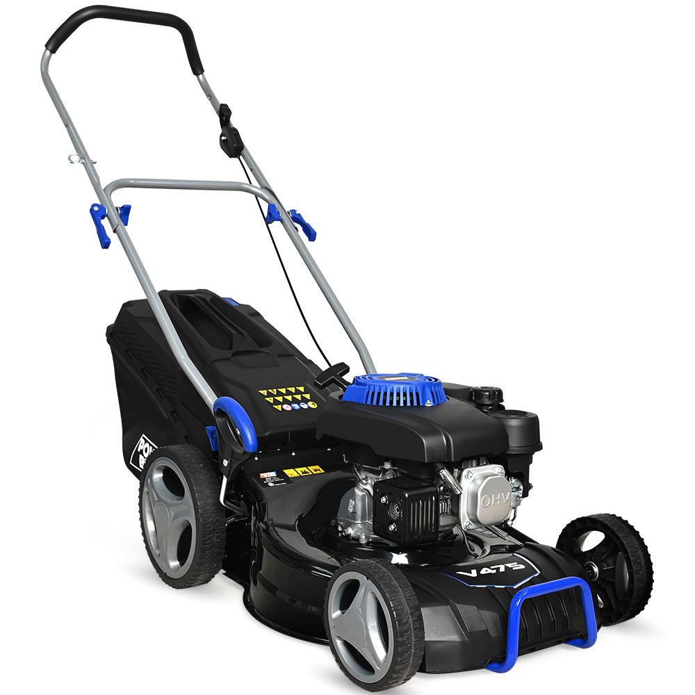 POWERBLADE 18 150cc Lawn Mower, 8 Height, Steel Deck, 4-Stroke Petrol Lawnmower - V475