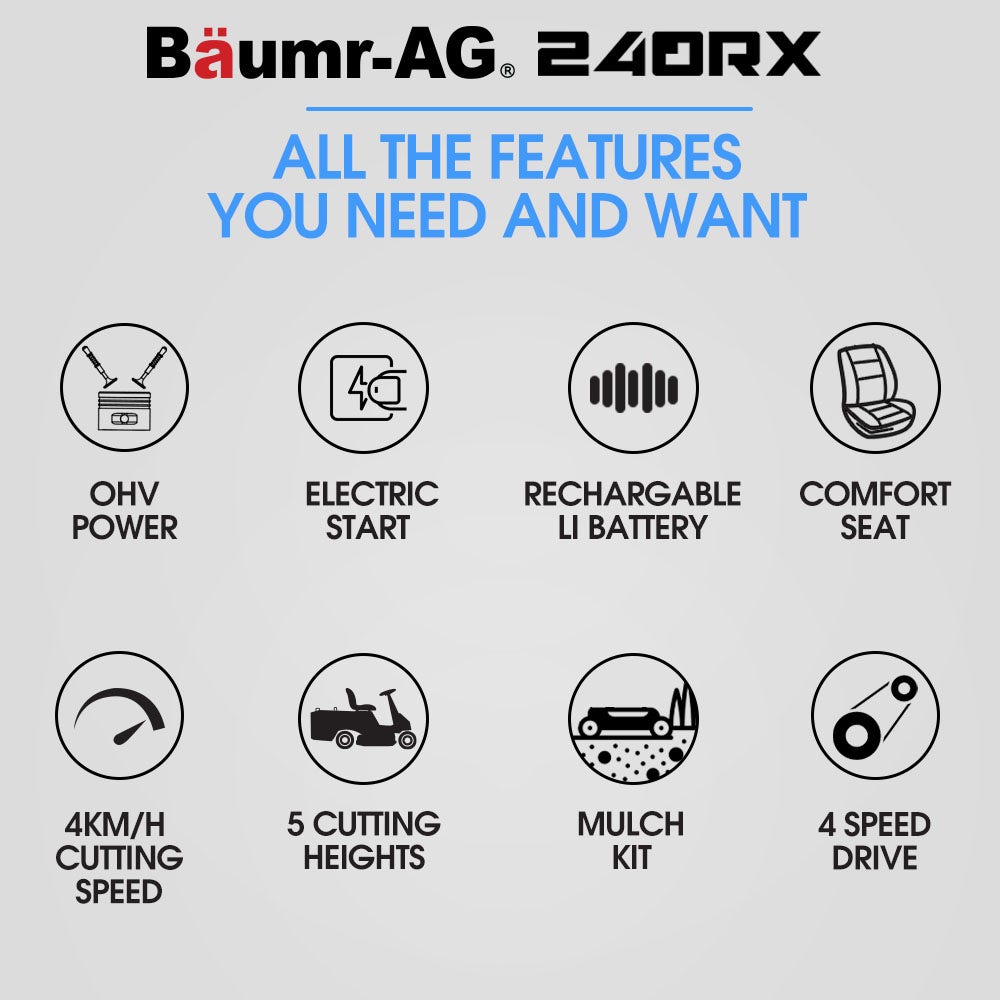 BAUMR-AG 24 Ride On Lawn Mower, Lithium Electric Start System, 6HP 224cc, 5 Cut Heights, Catcher and Mulch Kit