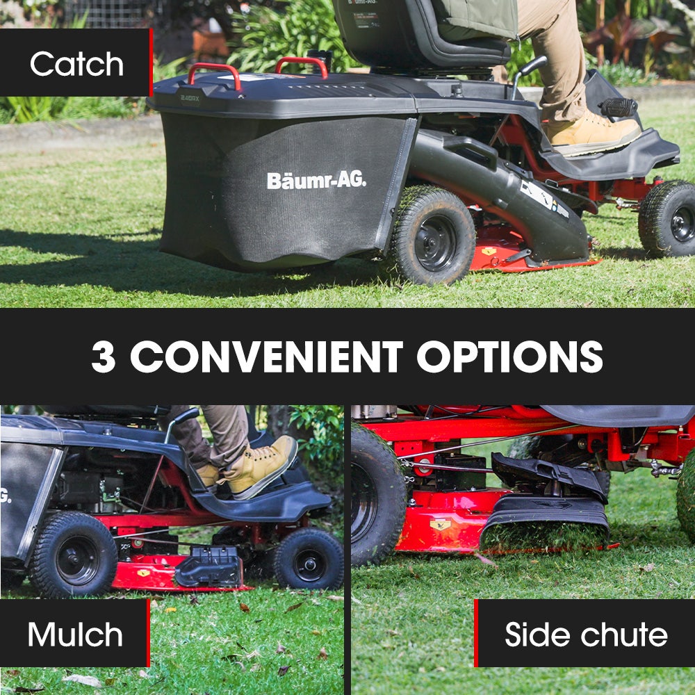 BAUMR-AG 24 Ride On Lawn Mower, Lithium Electric Start System, 6HP 224cc, 5 Cut Heights, Catcher and Mulch Kit