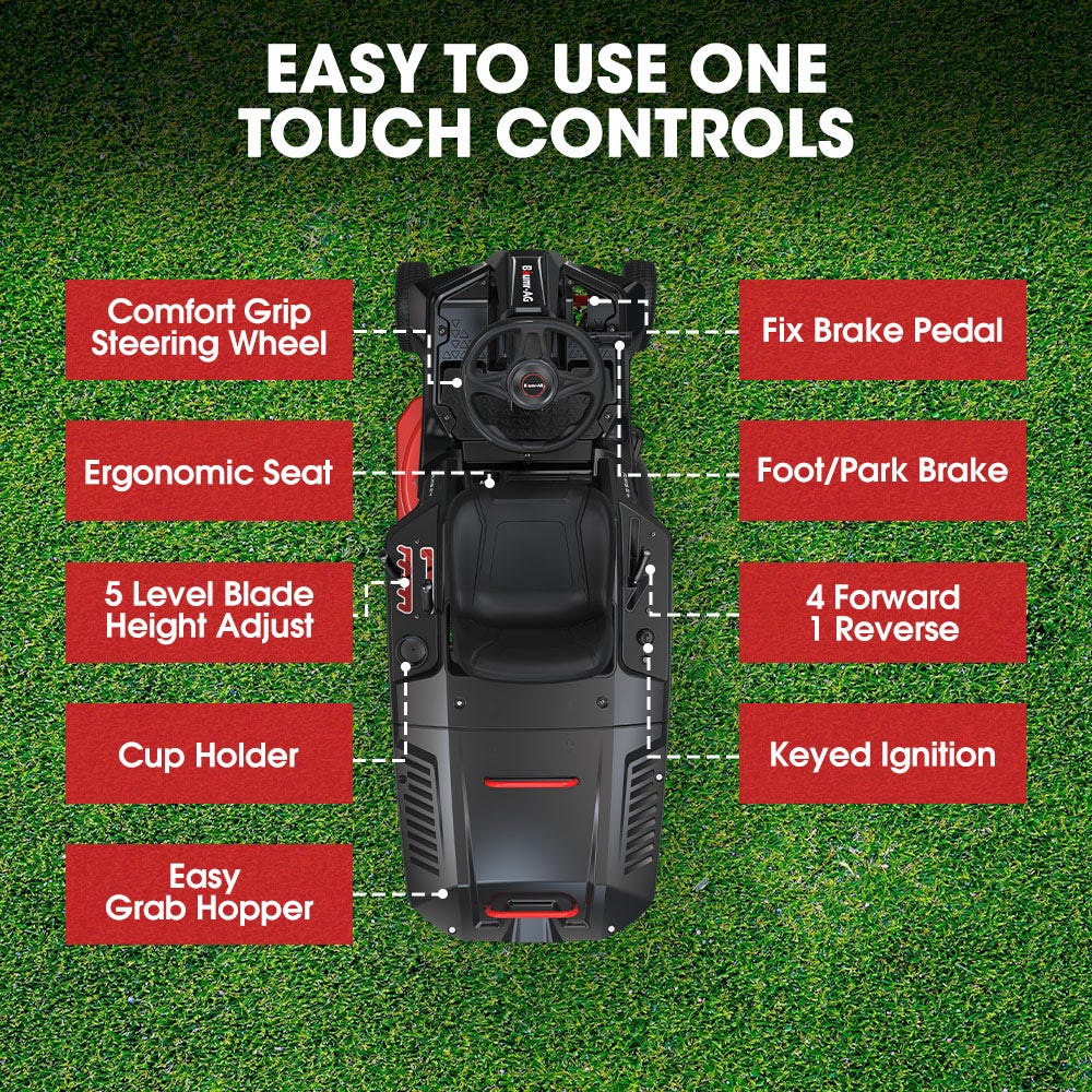 BAUMR-AG 24 Ride On Lawn Mower, Lithium Electric Start System, 6HP 224cc, 5 Cut Heights, Catcher and Mulch Kit