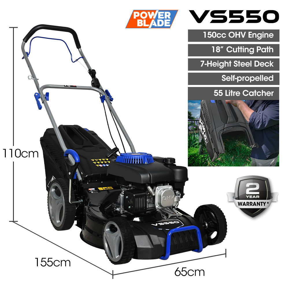 POWERBLADE 18 150cc Self Propelled Lawn Mower, 7 Height, Steel Deck, 4-Stroke Petrol Lawnmower - VS550