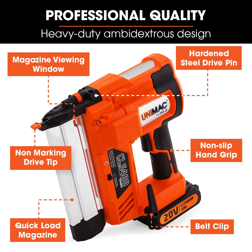 UNIMAC CLS400 20-50mm 16ga Finishing Nail Gun, Cordless 20V Lithium Nailer Kit