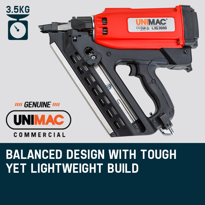 UNIMAC LXG3000 50-90mm 34-Deg Cordless Gas Framing Nail Gun, Commercial Gas Nailer, with 2 Li-Ion Batteries