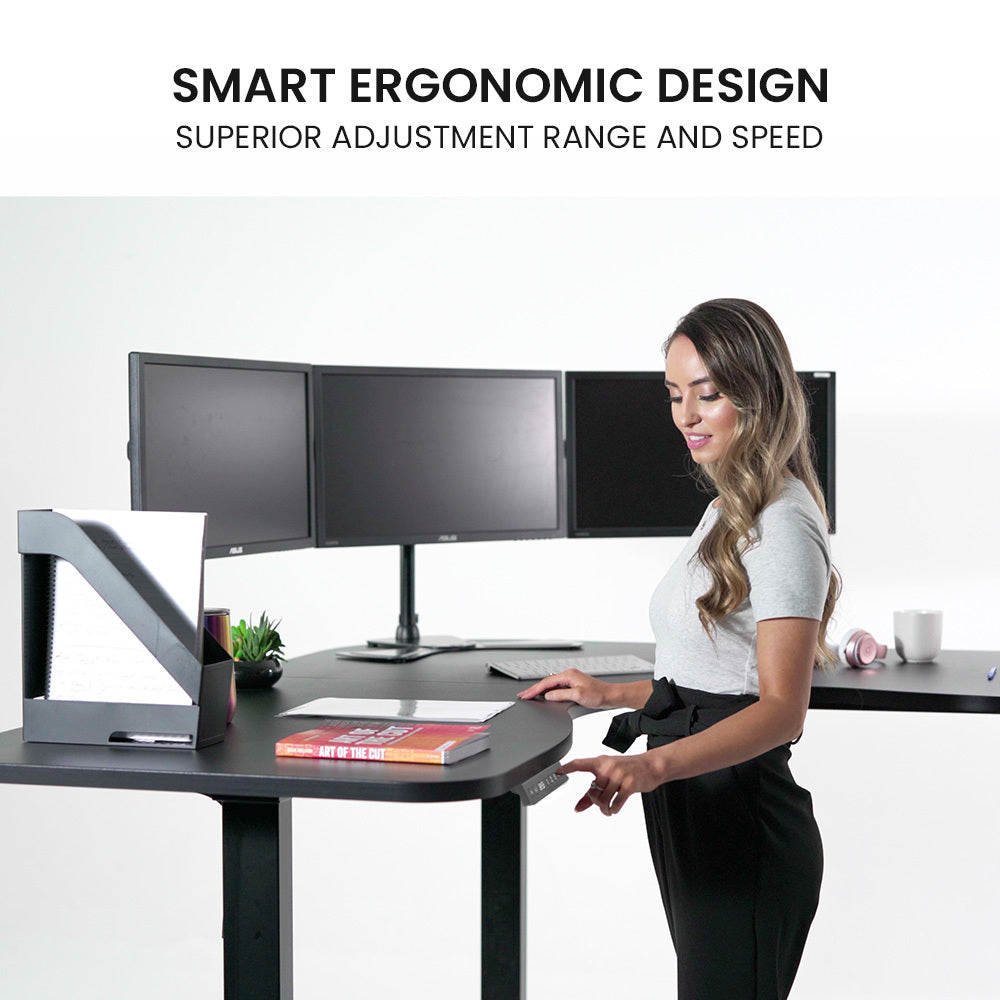 FORTIA Corner Standing Desk 1730W x 1730W x 750D 3 Motors 120kg Load Sit to Stand Up Electric Height Adjustable Black/Black Frame