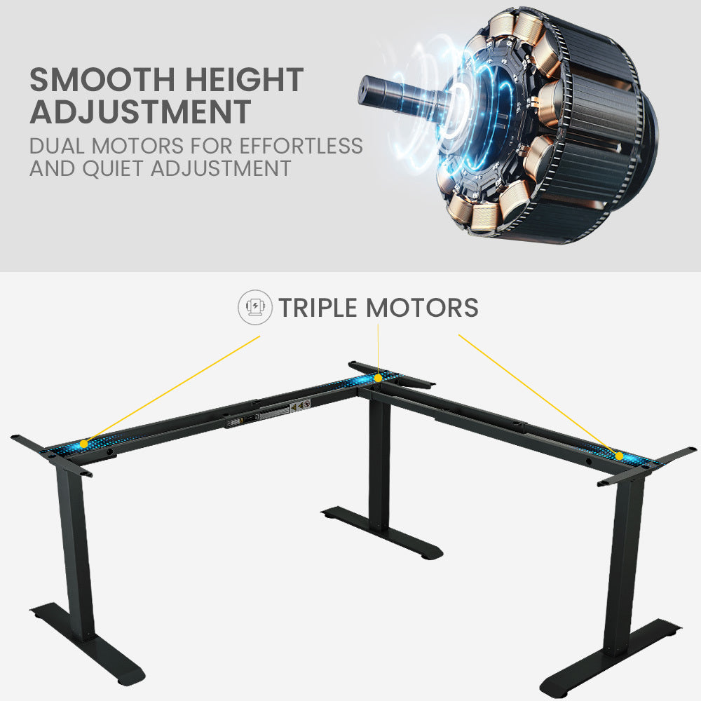 FORTIA Corner Standing Desk 1730W x 1730W x 750D 3 Motors 120kg Load Sit to Stand Up Electric Height Adjustable Black/Black Frame