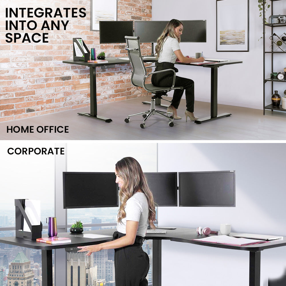 FORTIA Corner Standing Desk 1730W x 1730W x 750D 3 Motors 120kg Load Sit to Stand Up Electric Height Adjustable Black/Black Frame