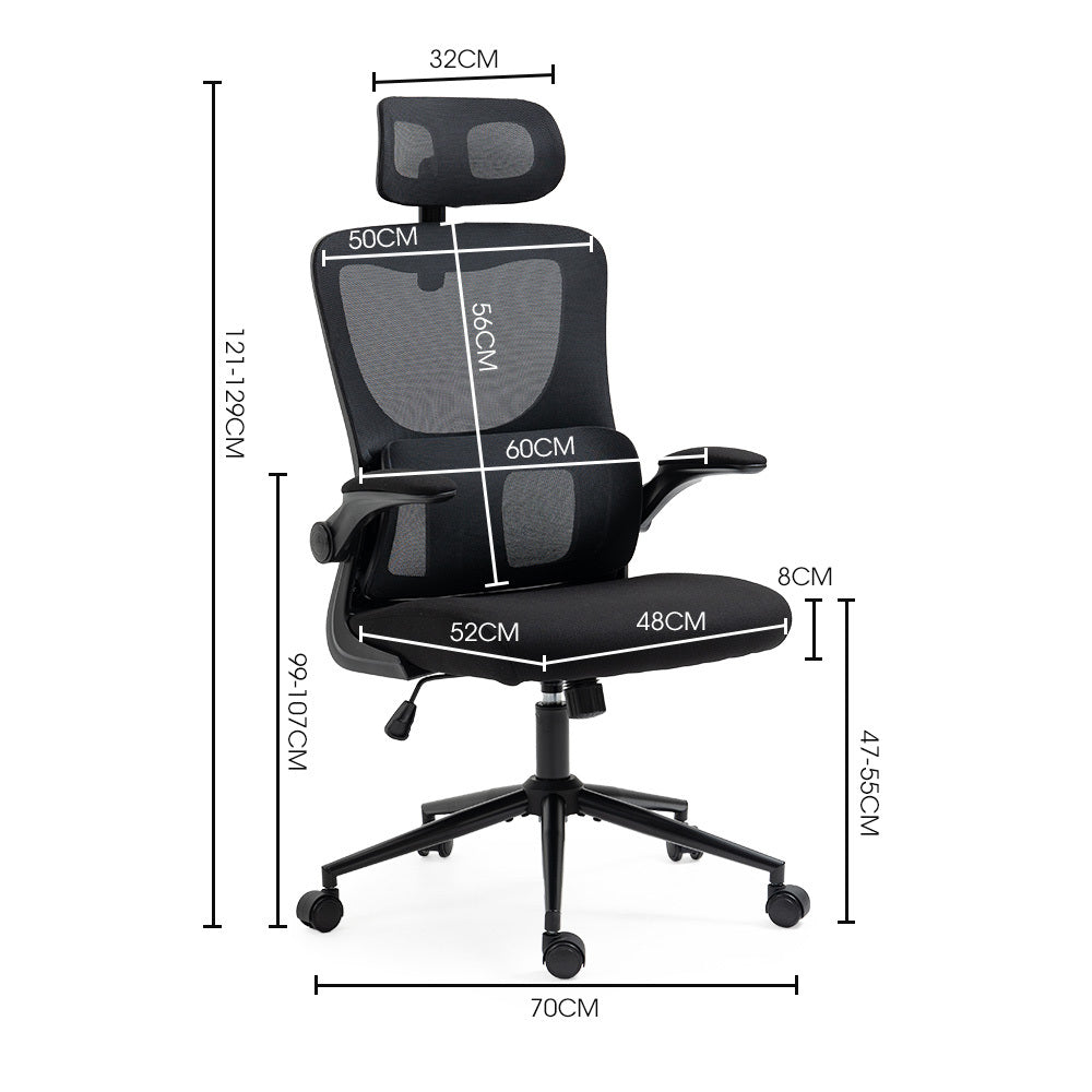 FORTIA Ergonomic Office Desk Chair Lumbar Support Mesh Fabric Adjustable Headrest Retractable Armrests Black