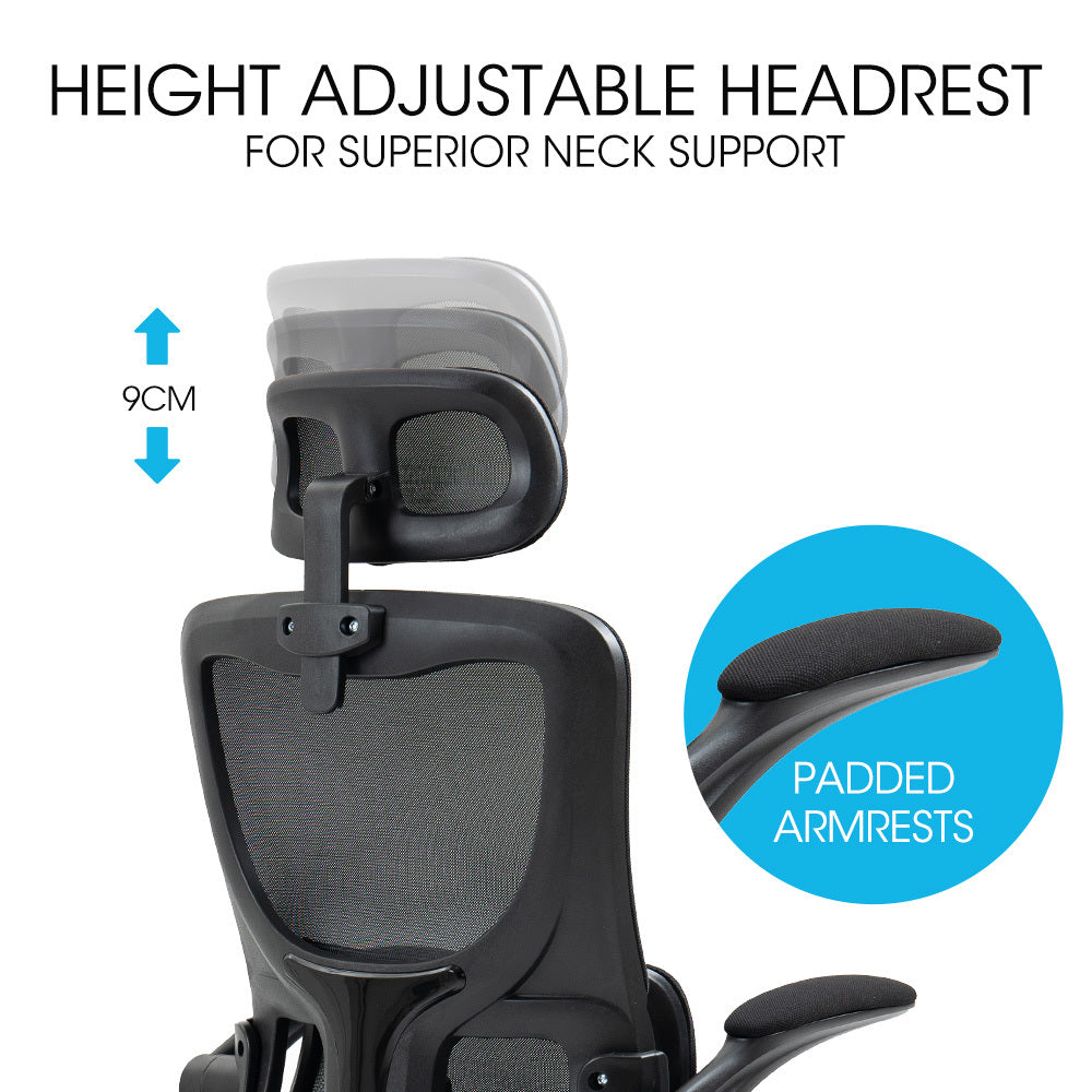 FORTIA Ergonomic Office Desk Chair Lumbar Support Mesh Fabric Adjustable Headrest Retractable Armrests Black