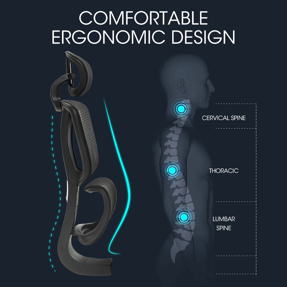Fortia Ergonomic Office Desk Chair Coolmesh Fabric Adjustable Lumbar Support Headrest Armrest and Recline Black Mesh/Black Frame
